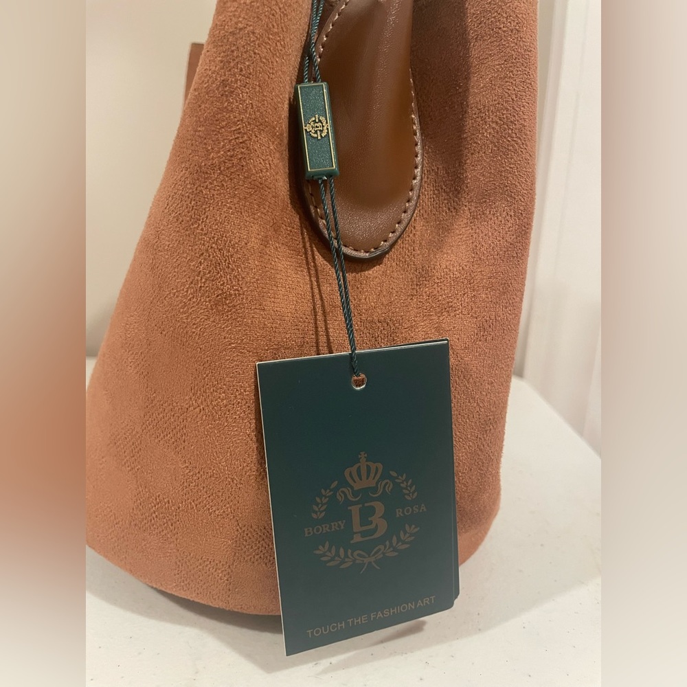 Tan Suede Mini Bucket Bag with Scarf-Wrapped Handle - Picture 2 of 7